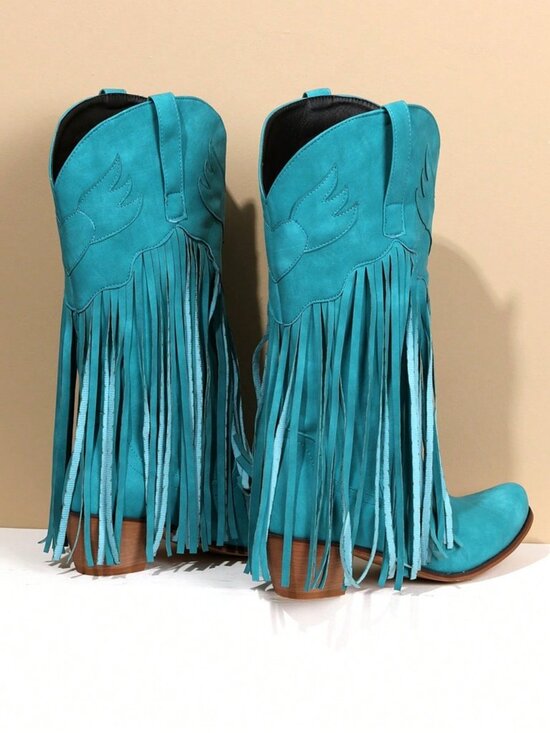 Blue Turquoise  Western Women's Cowboy Mid Calf Fringe Pull On Boots - Picture 7 of 7